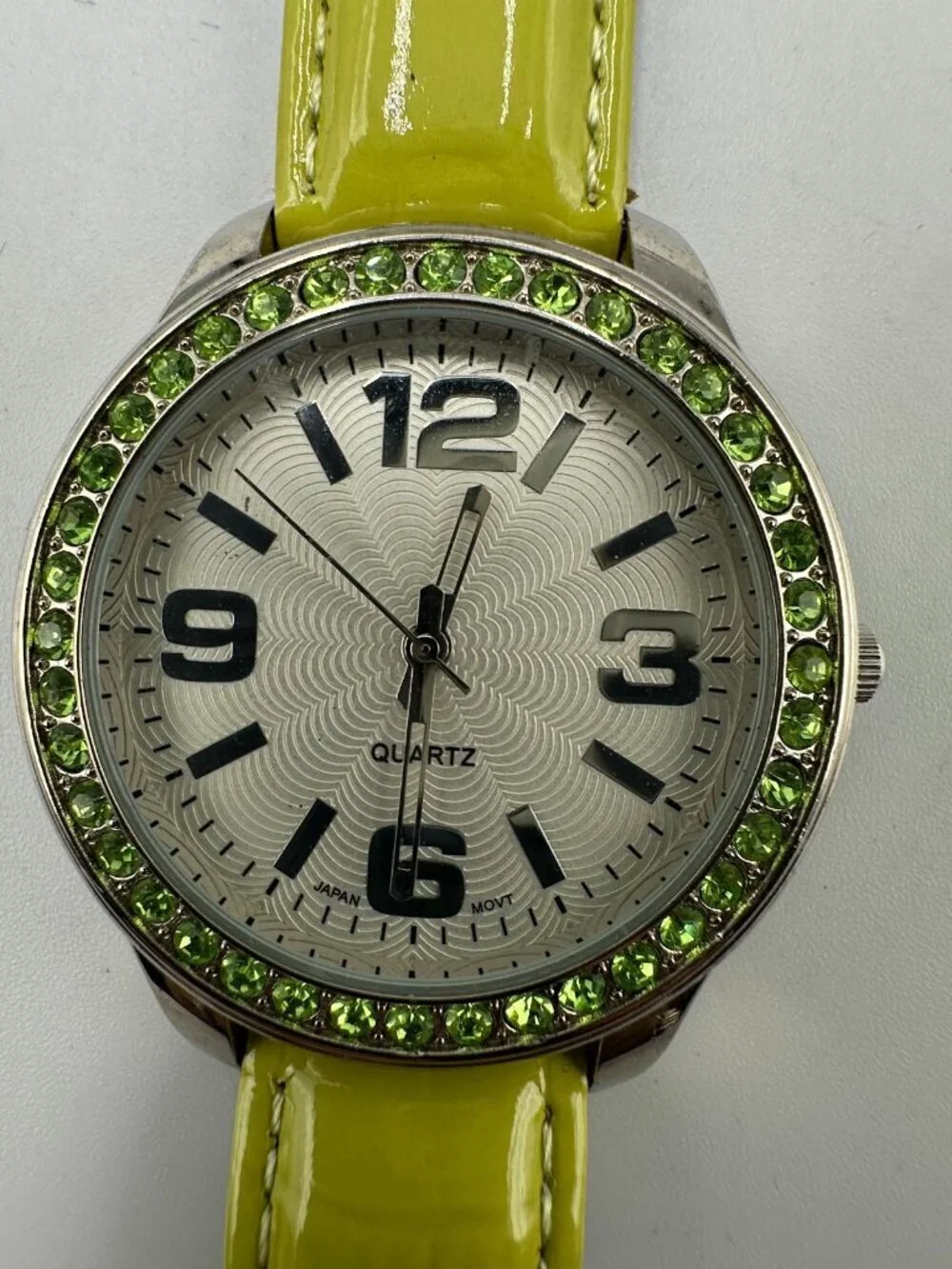 3/$30 Avon Watch Women Silver Tone Green Patent Faux Leather Band New Battery
